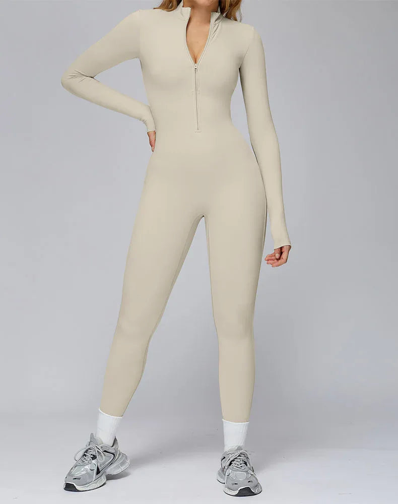 Long Sleeve Yoga Jumpsuit Zip Up Bodysuit with Chest Pads - Light Gray Apricot