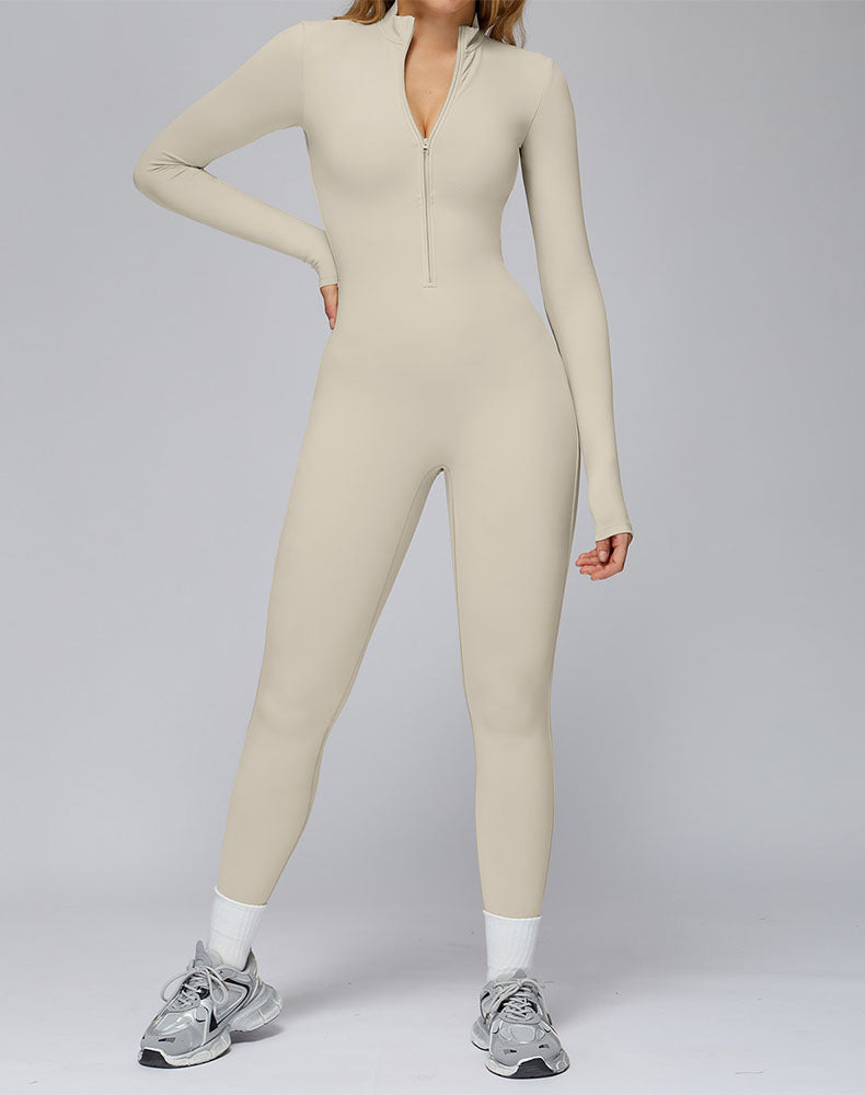 Long Sleeve Yoga Jumpsuit Zip Up Bodysuit with Chest Pads