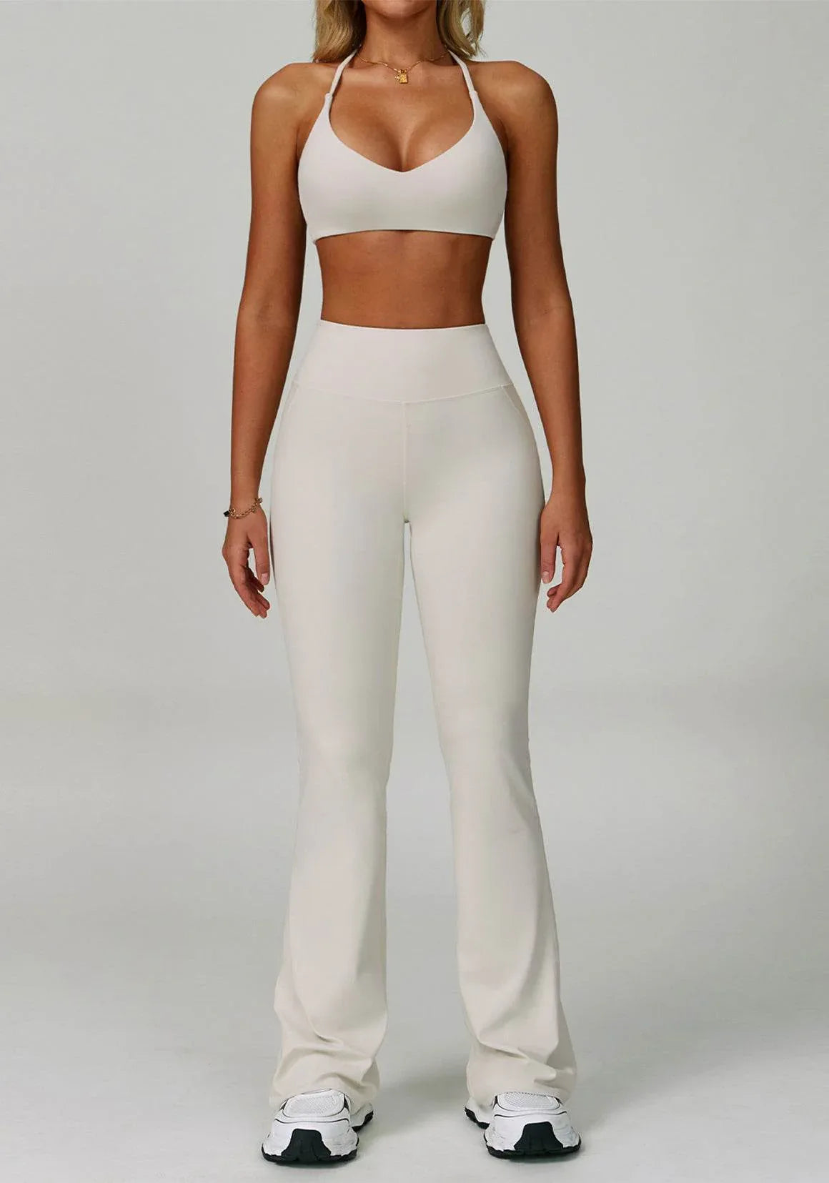 Activewear Set with Cross Back Sports Bra and Flared Pant - Light Apricot