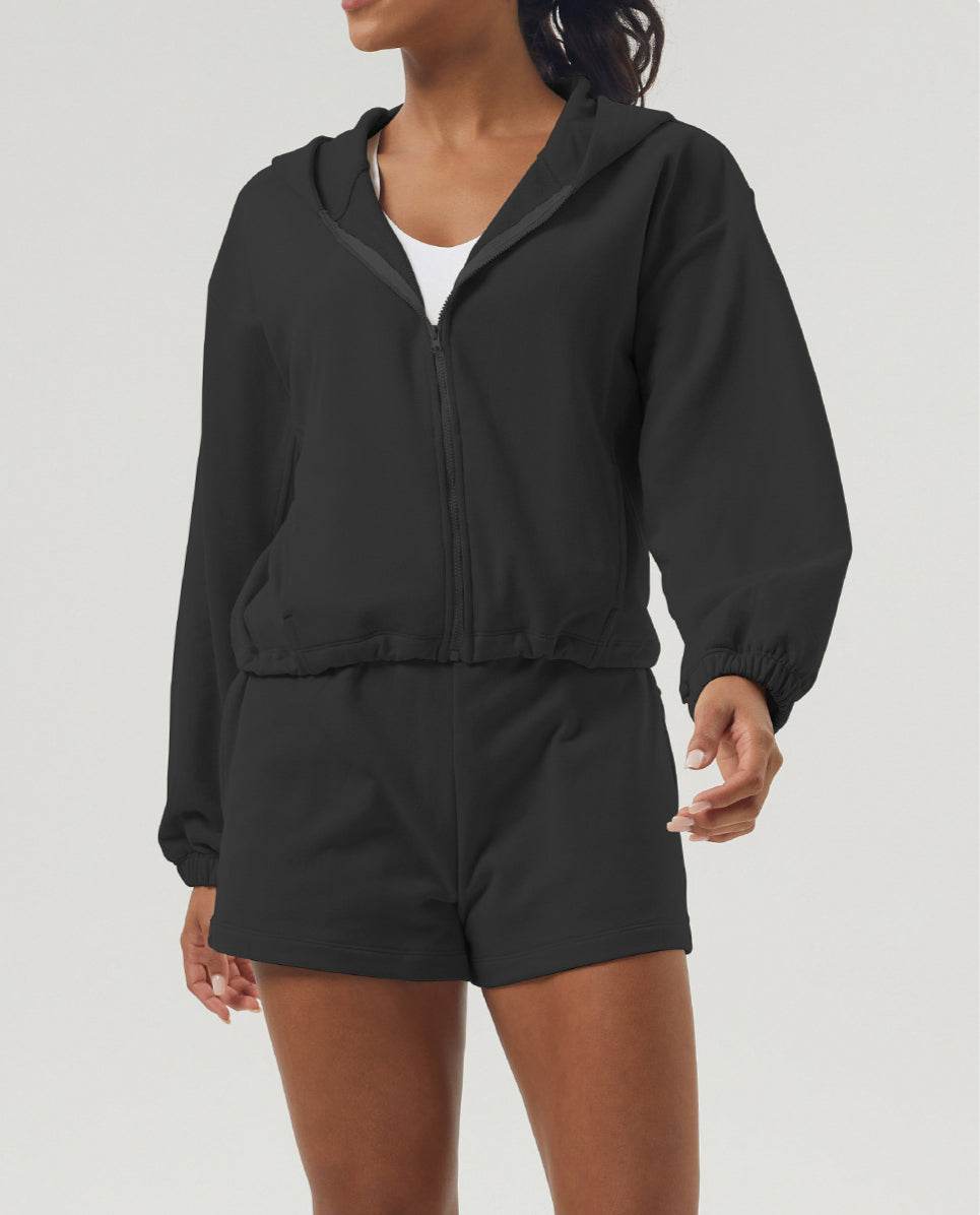 Loose Sports Set with Full Zip Hooded and Adjustable Short