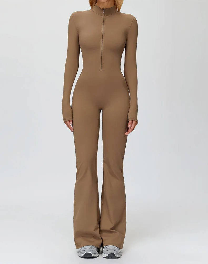 Long Sleeve Flare Workout Jumpsuit Zip Up Wide Leg Bodysuit - Latte Brown