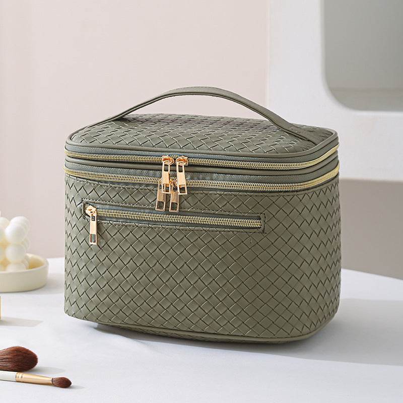 Large Portable Double Layer Makeup Bag Leather Cosmetic Bag
