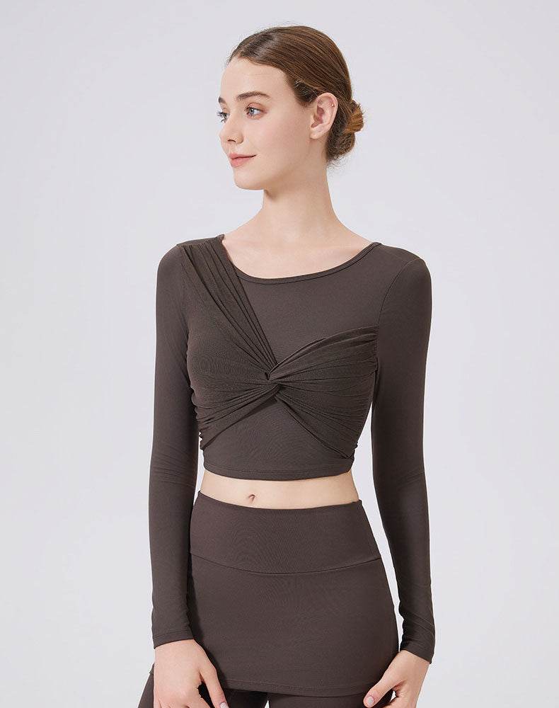 Mesh Twist Front Long Sleeve T-Shirts Round Neck Crop Tops - Brown