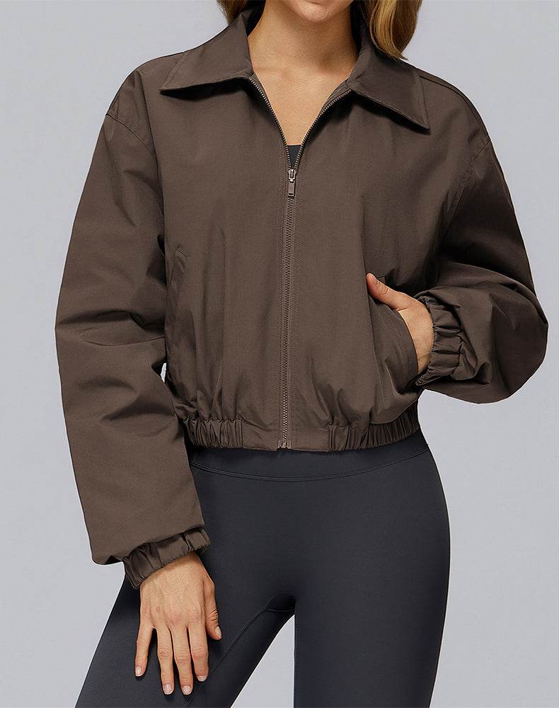 Stand Collar Casual Jacket Long Sleeve Tight Hem Crop Tops - Brown