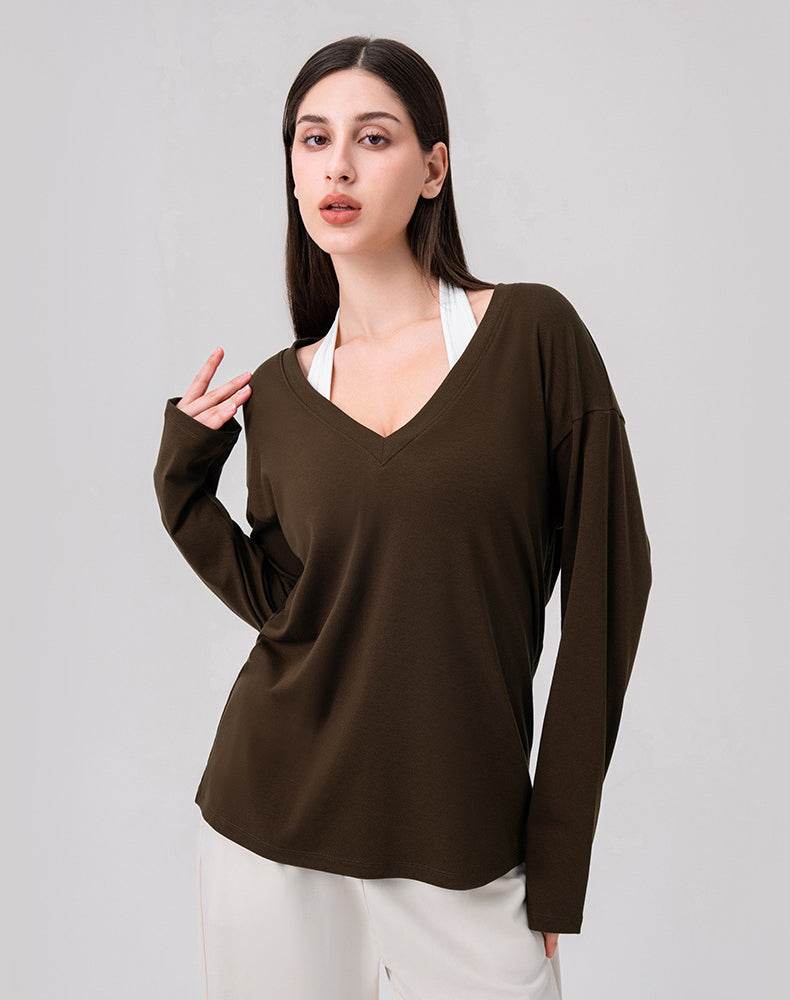 Loose V Neck Loose Long Sleeves T-Shirts Casual Yoga Tops