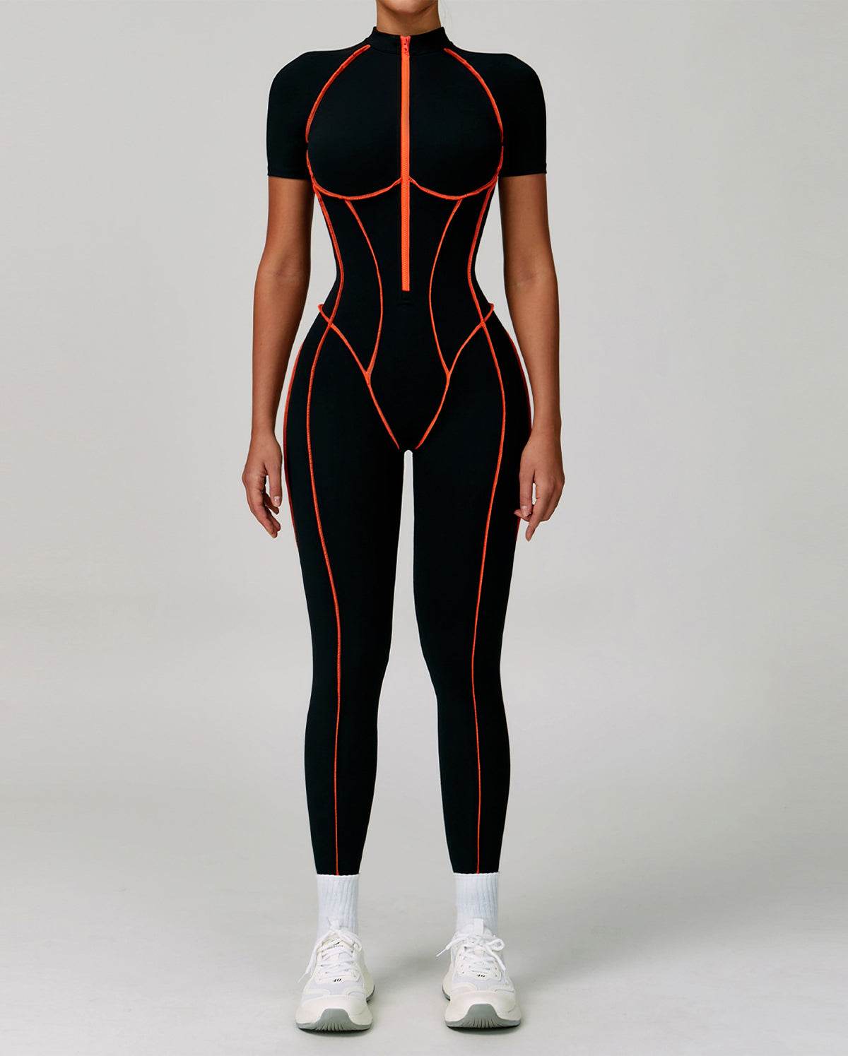 Three Dimensional Line Sports Backless Short Sleeve Jumpsuit