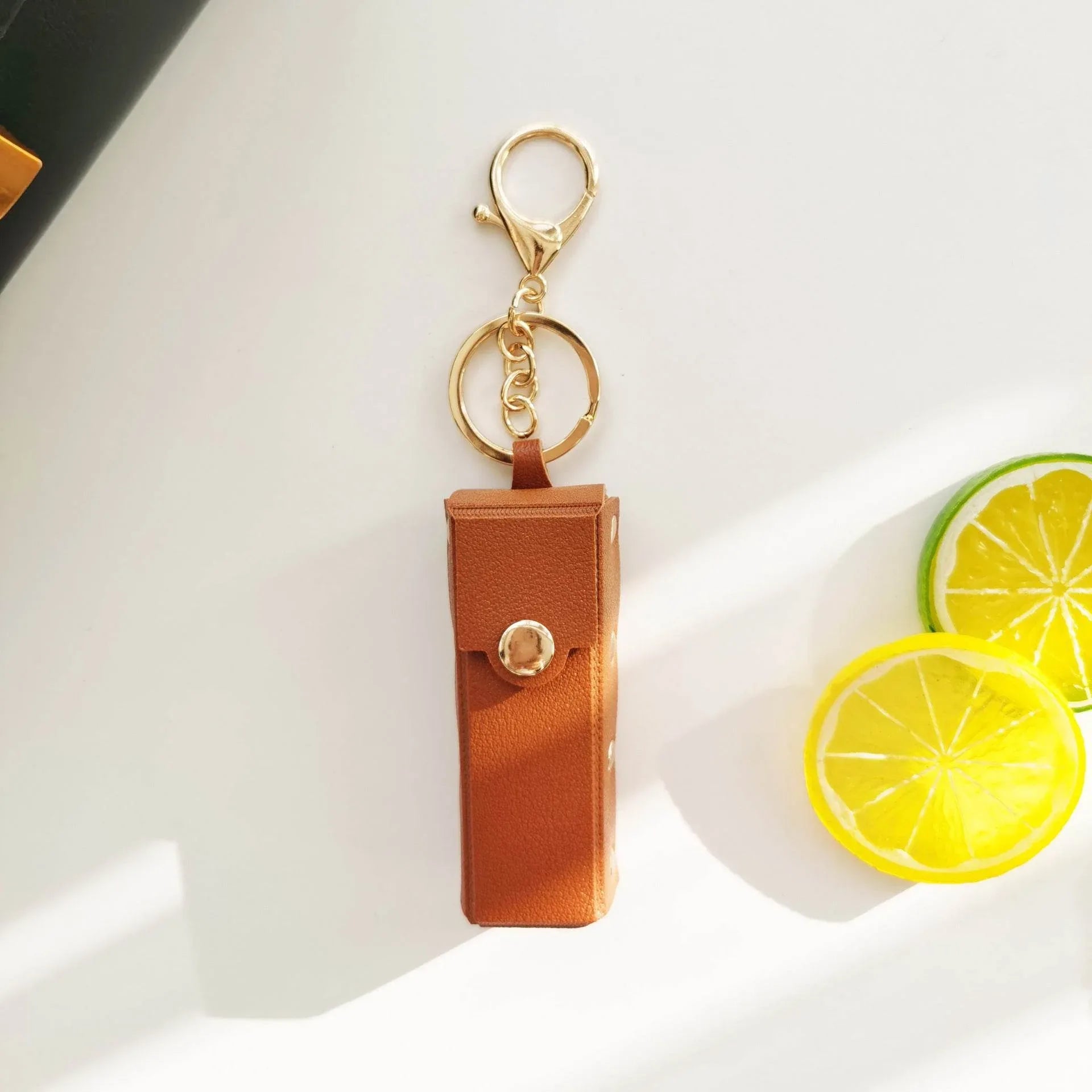PU Leather Lipstick Holder Keychain - Brown