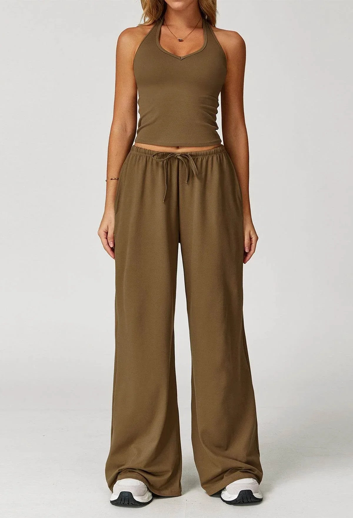 Activewear Wear with Tank Top and Wide Leg Lounge Pants - Coffee