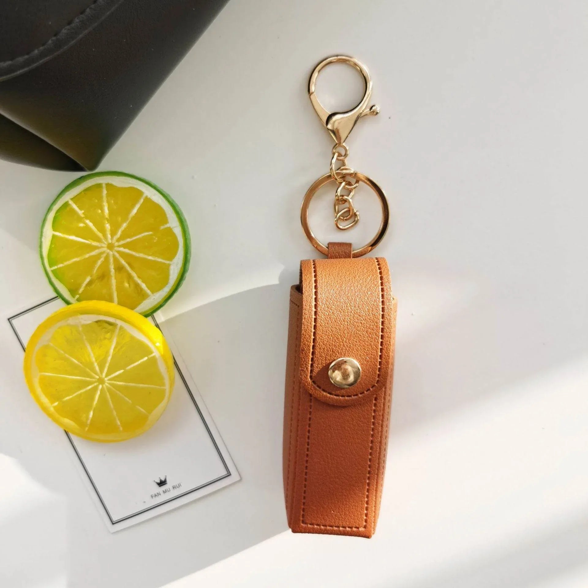 PU Leather Lipstick Holder Keychain with Clip - Brown