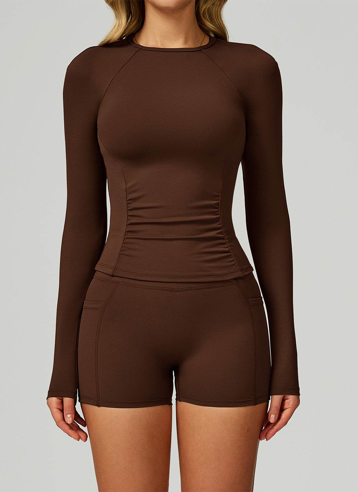 Sport Set with Long Sleeve Crew Neck T-Shirt and Short - Coffee