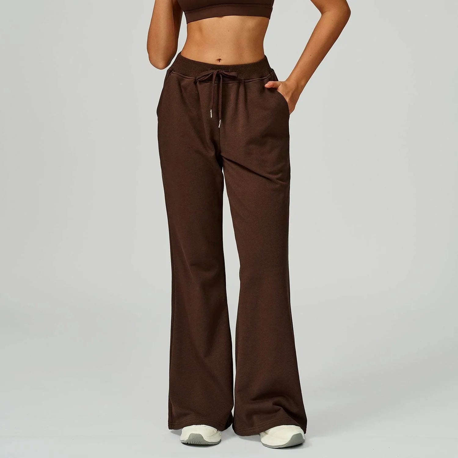 Drawstring Lounge Pants Straight Leg Joggers Trouser - Coffee