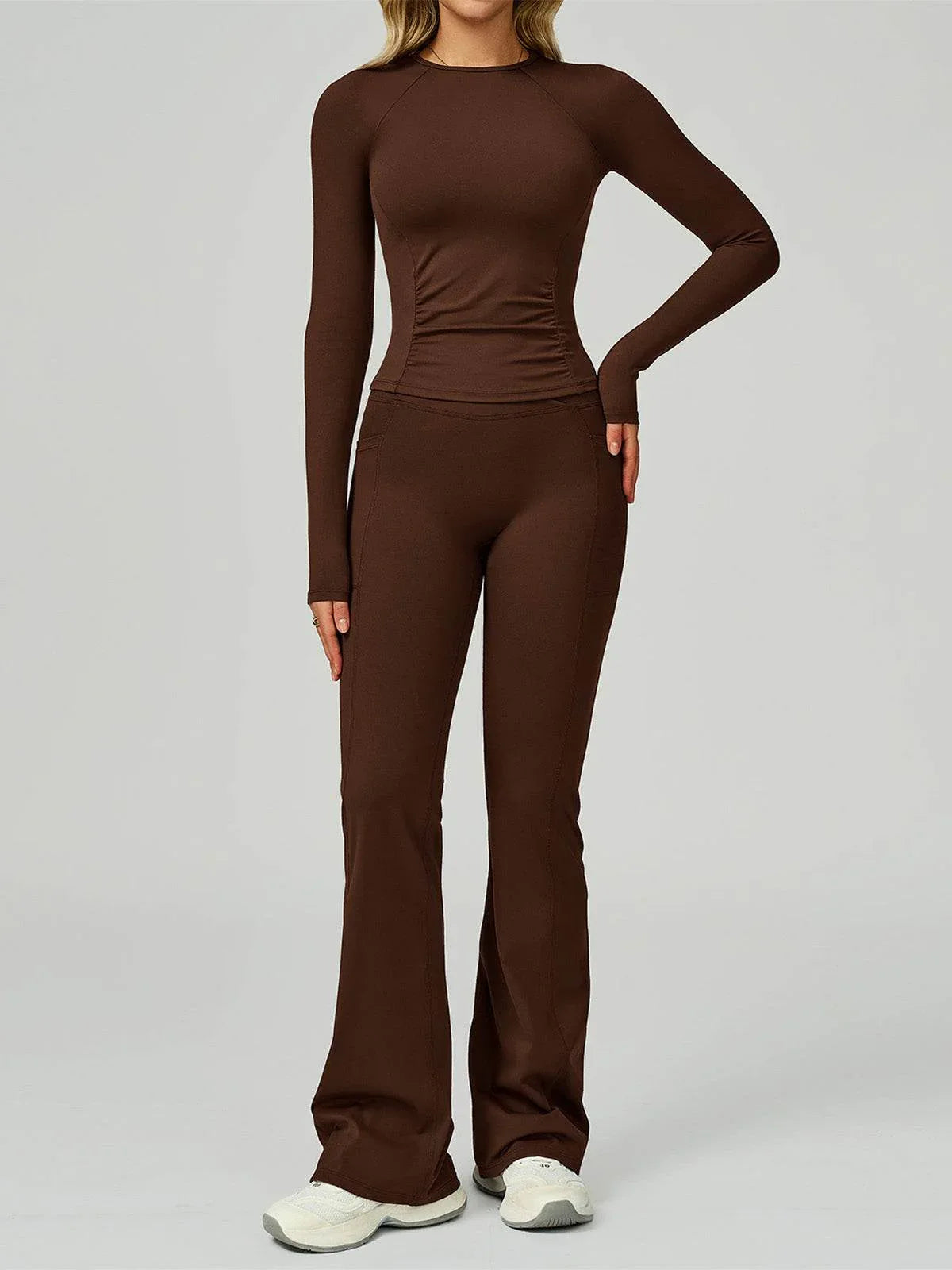 Sport Set with Long Sleeve Crew Neck T-Shirt and Flared Pant - Coffee