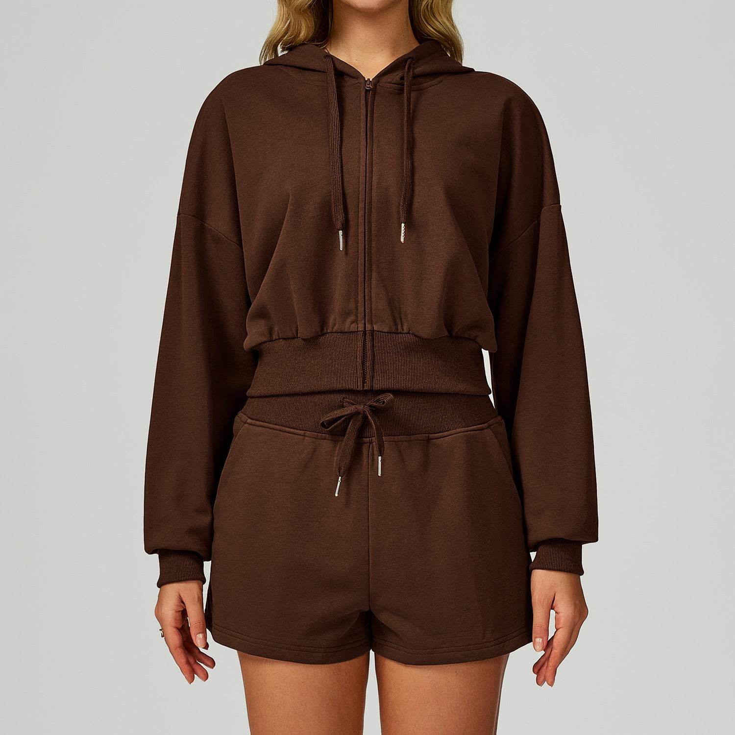 Long Sleeve Full Zip Up Crop Drawstring Hoodie Jacket