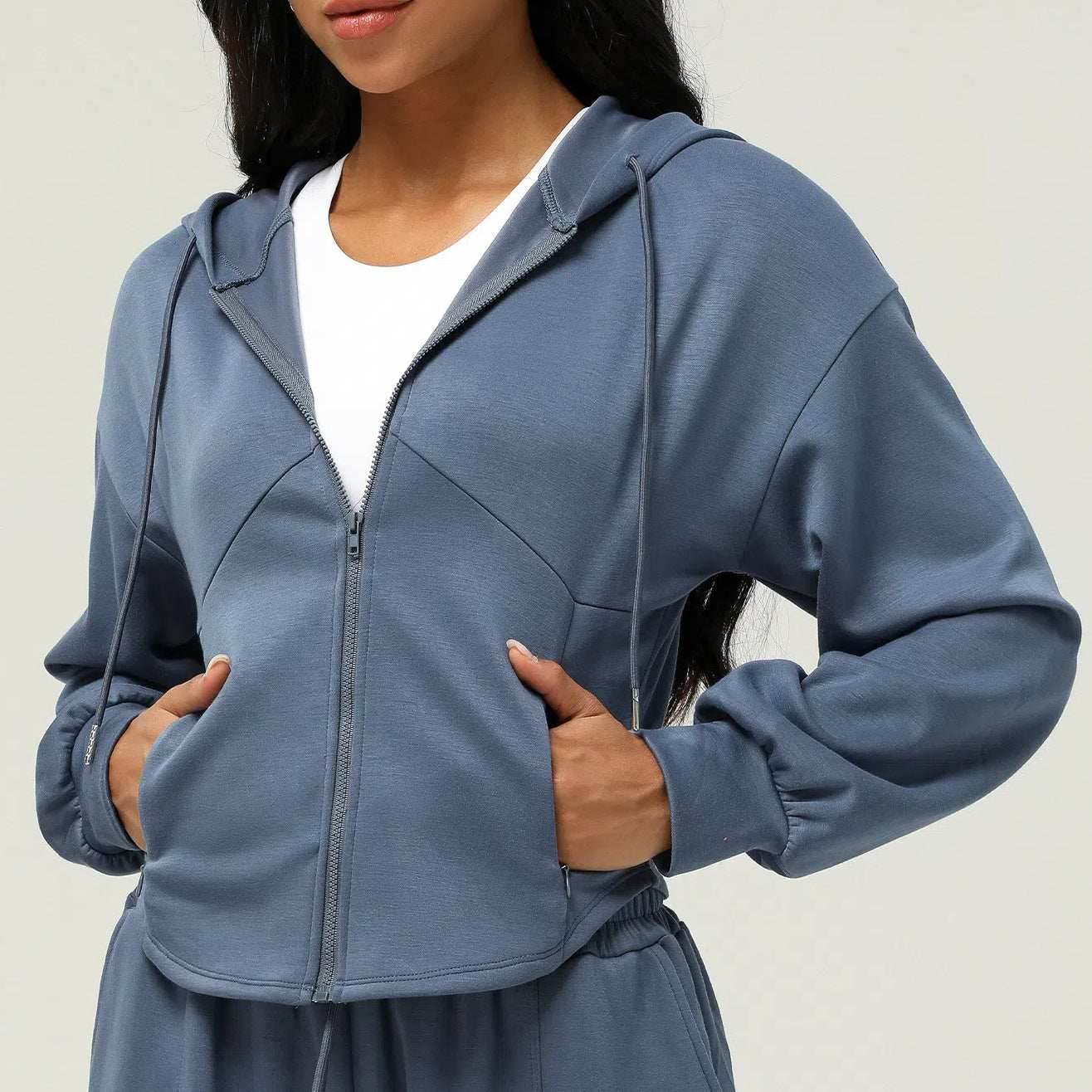 Long Sleeve Sports Coat With Hoodie - Denim Gray Blue