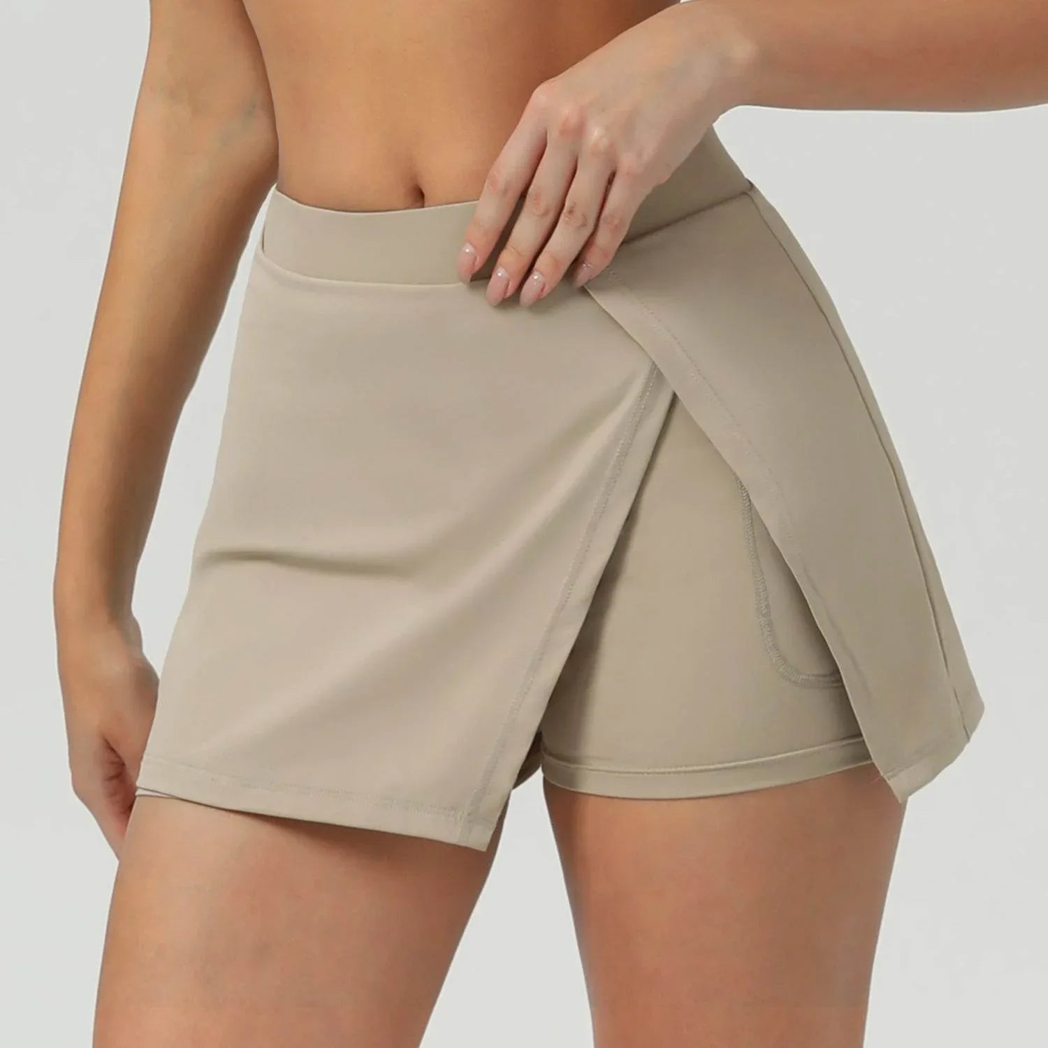 Side Slits Tennis Skirt with Shorts and Pockets - Apricot