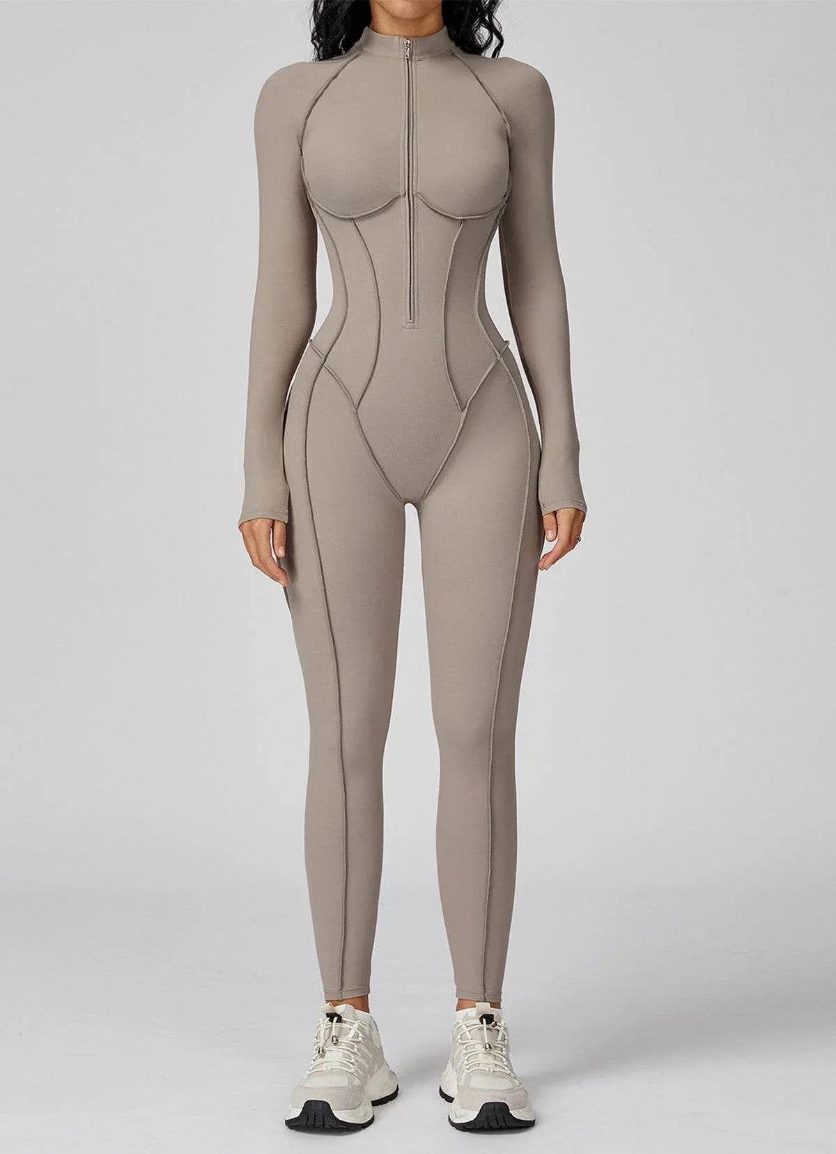 Long Sleeve Zip Front Sport Jumpsuits One Yoga Rompers - Oat Milk
