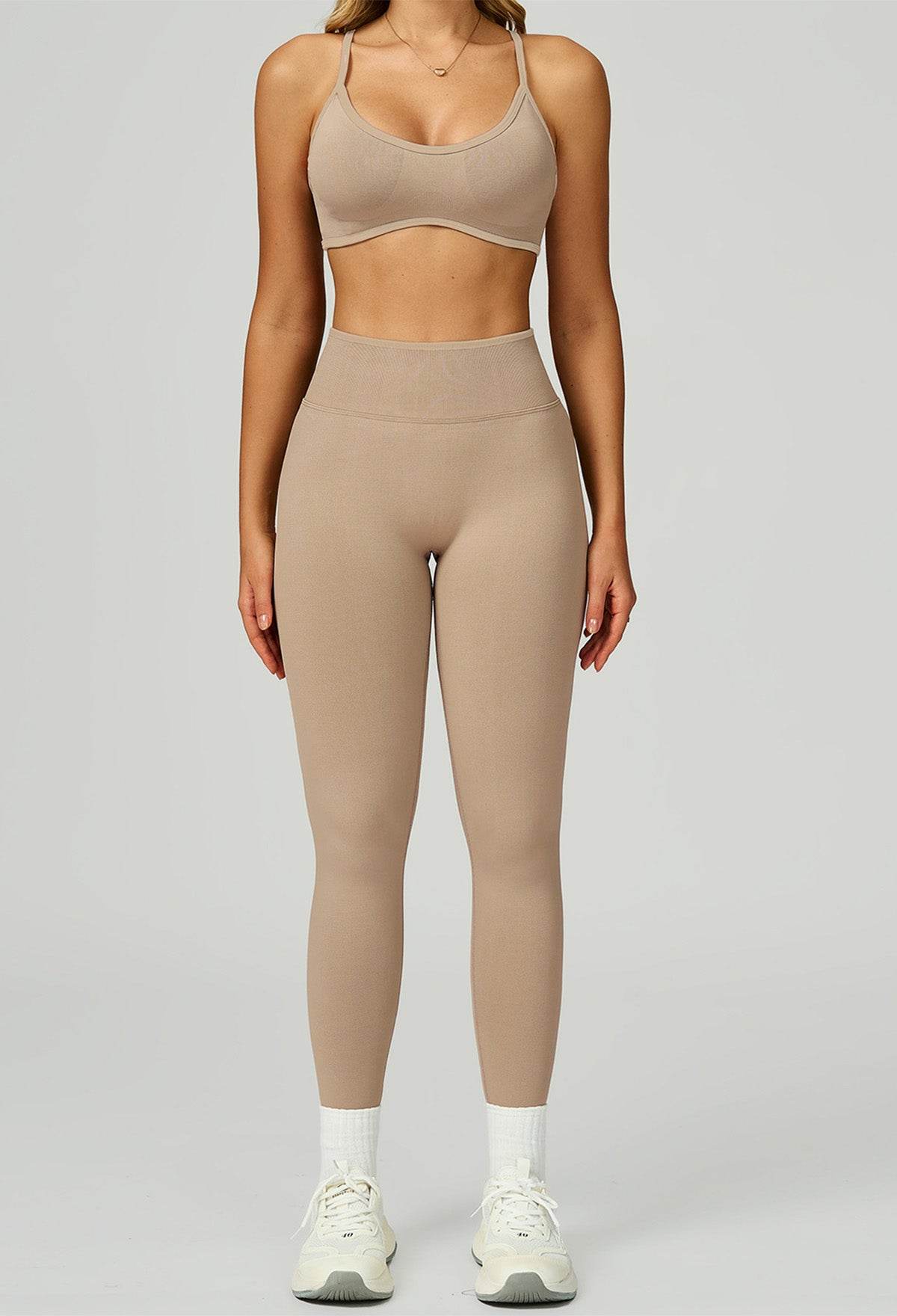 Sport Set with Color Block Sports Bras and Legging - Khaki