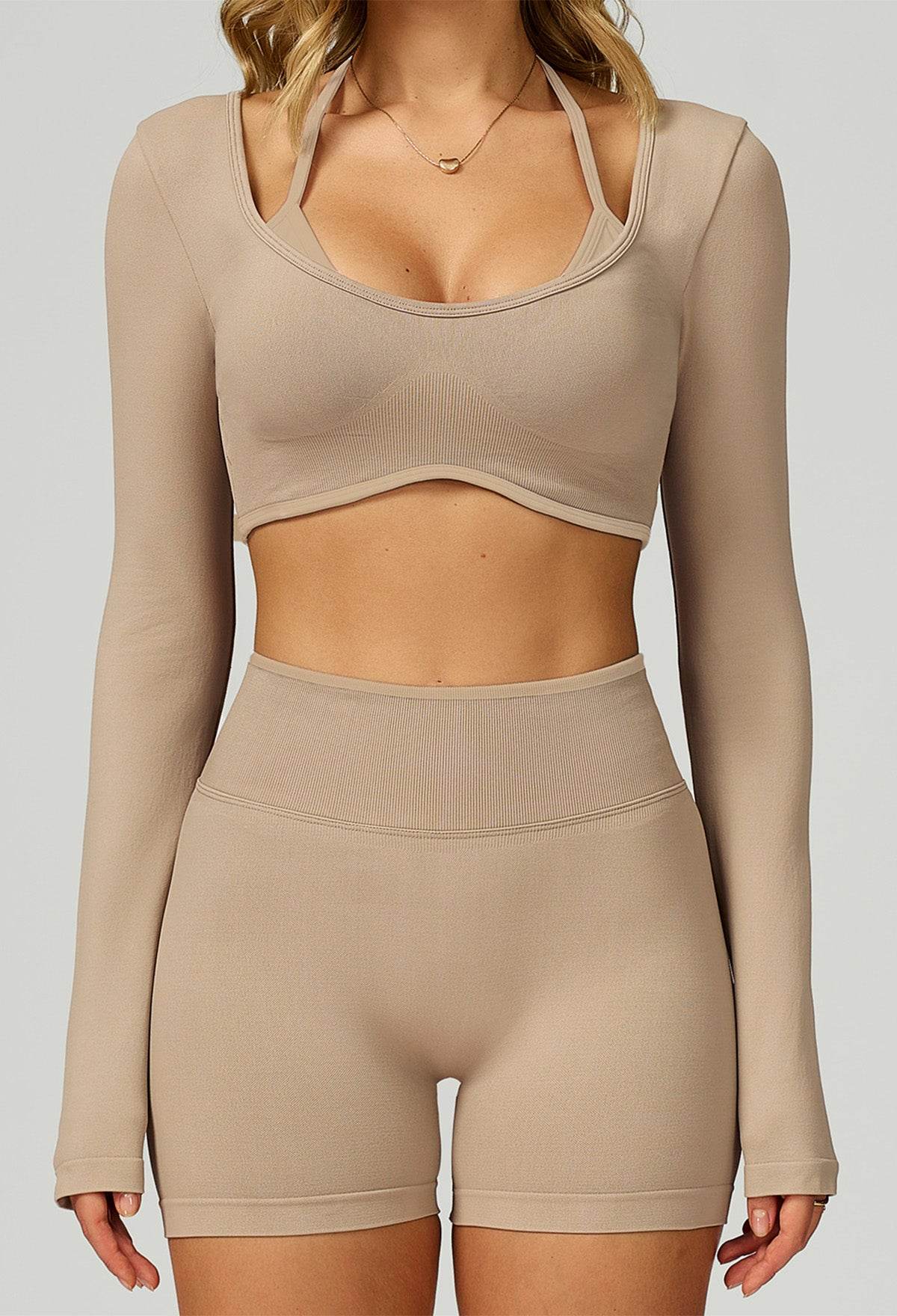 Sport Set with Color Block Long Sleeve T-Shirt and Short - Khaki
