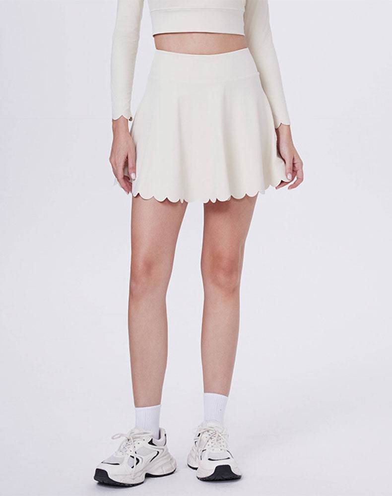 Mini Scalloped Hem Athletic Tennis Skirts with Short - Light Ivory