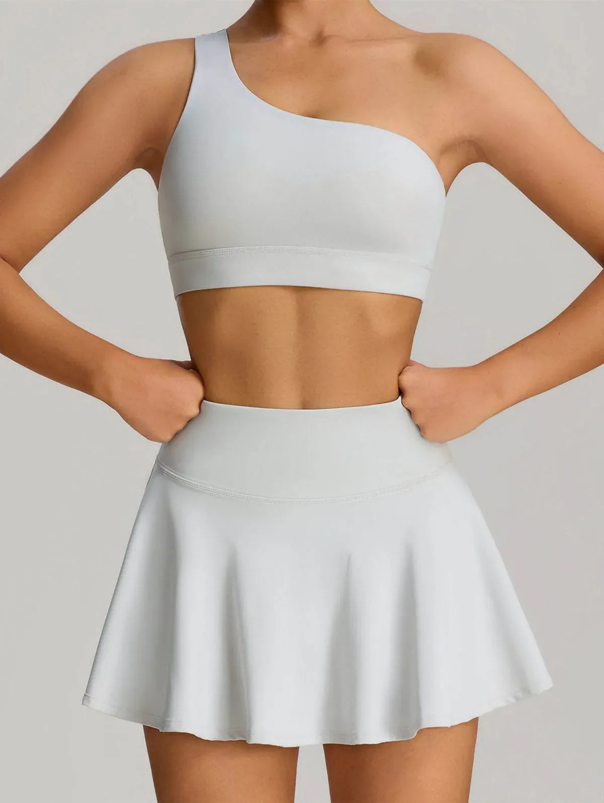 Sport Wear Set with One Shoulder Strap Bra and Skirt - Glacier Gray