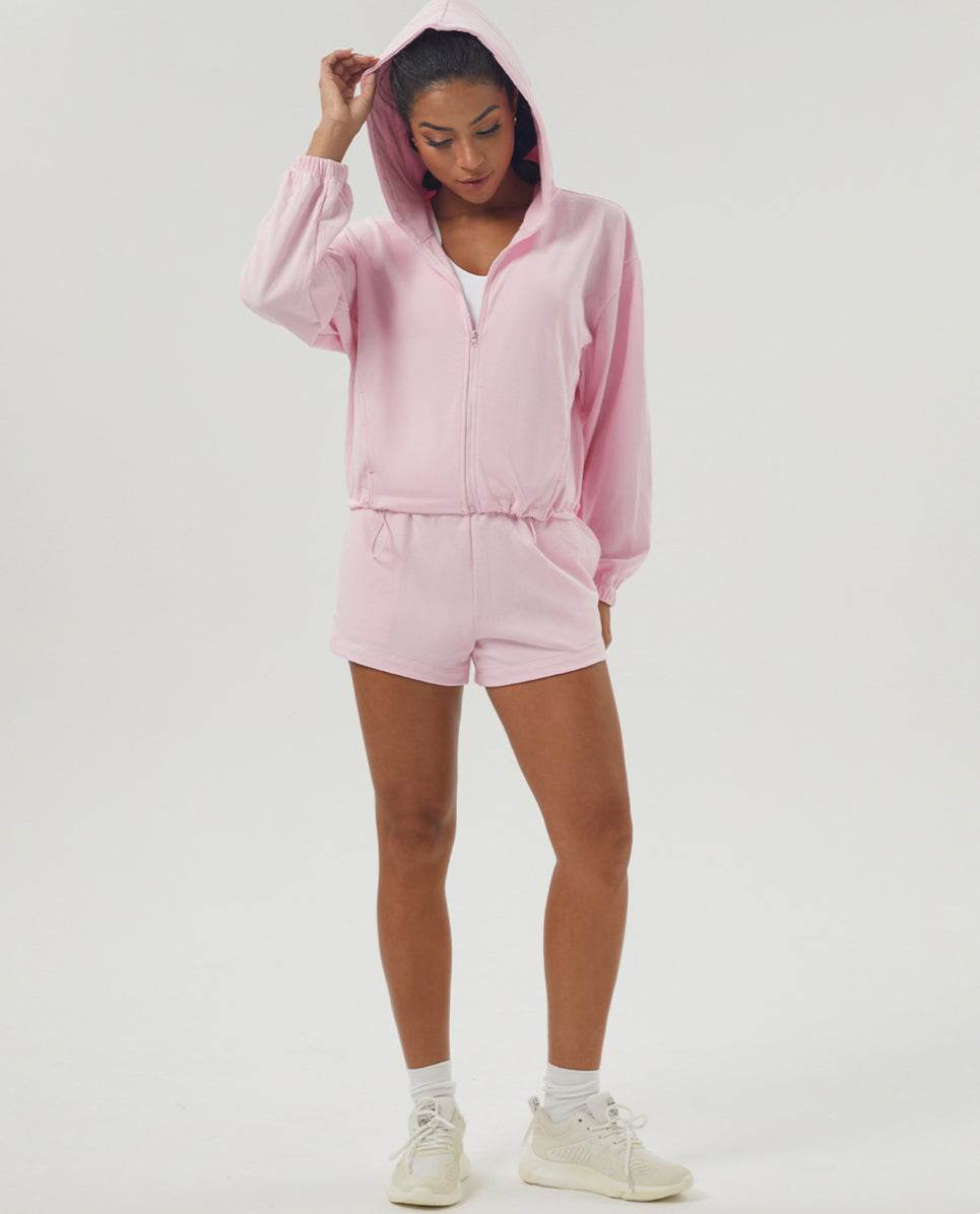 Loose Sports Set with Full Zip Hooded and Adjustable Short