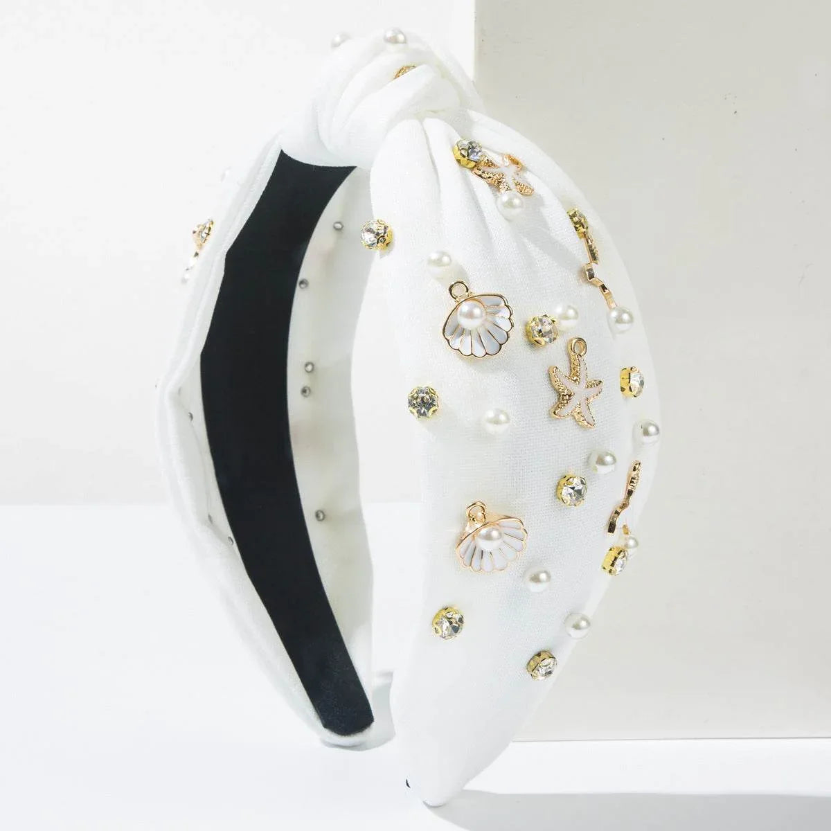 Ocean Element Headband with Diamonds Shells Pearls Starfish - White
