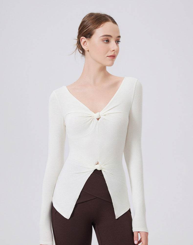 V Neck Twist Knot T-Shirts Long Sleeve Split Slim Fit Tops