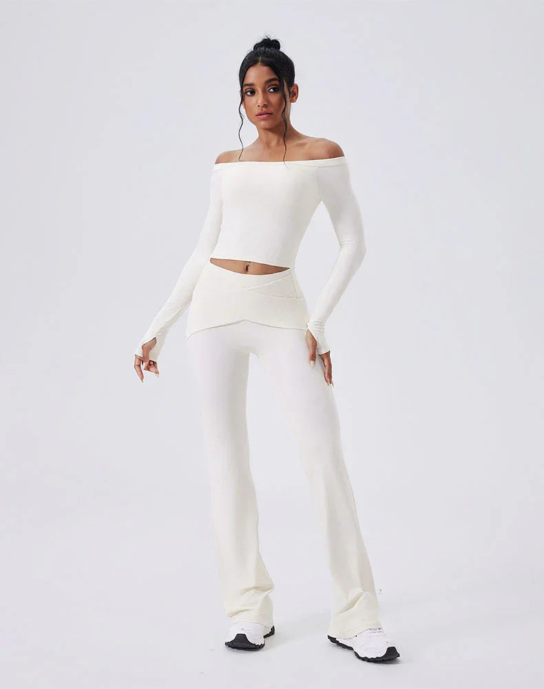 Activewear Set with Off-Shoulder Top and Flare Pant