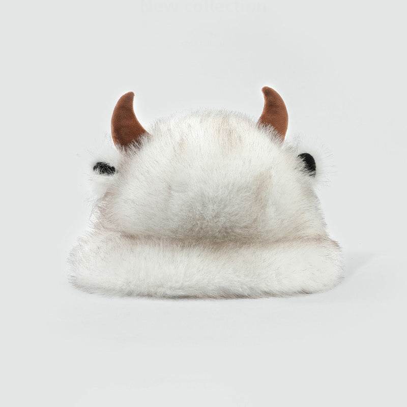 Winter Faux Fur Cow Bucket Hat Fuzzy Cute Animal Horns Cap