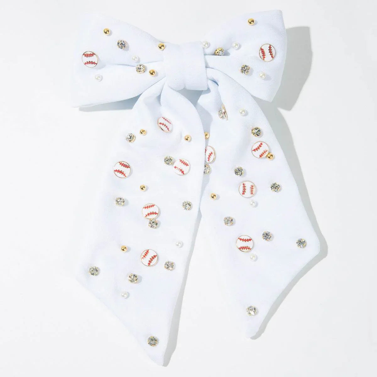 Game Day Hair Bow Clips Rhinestone Baseball Hair Accessories - White