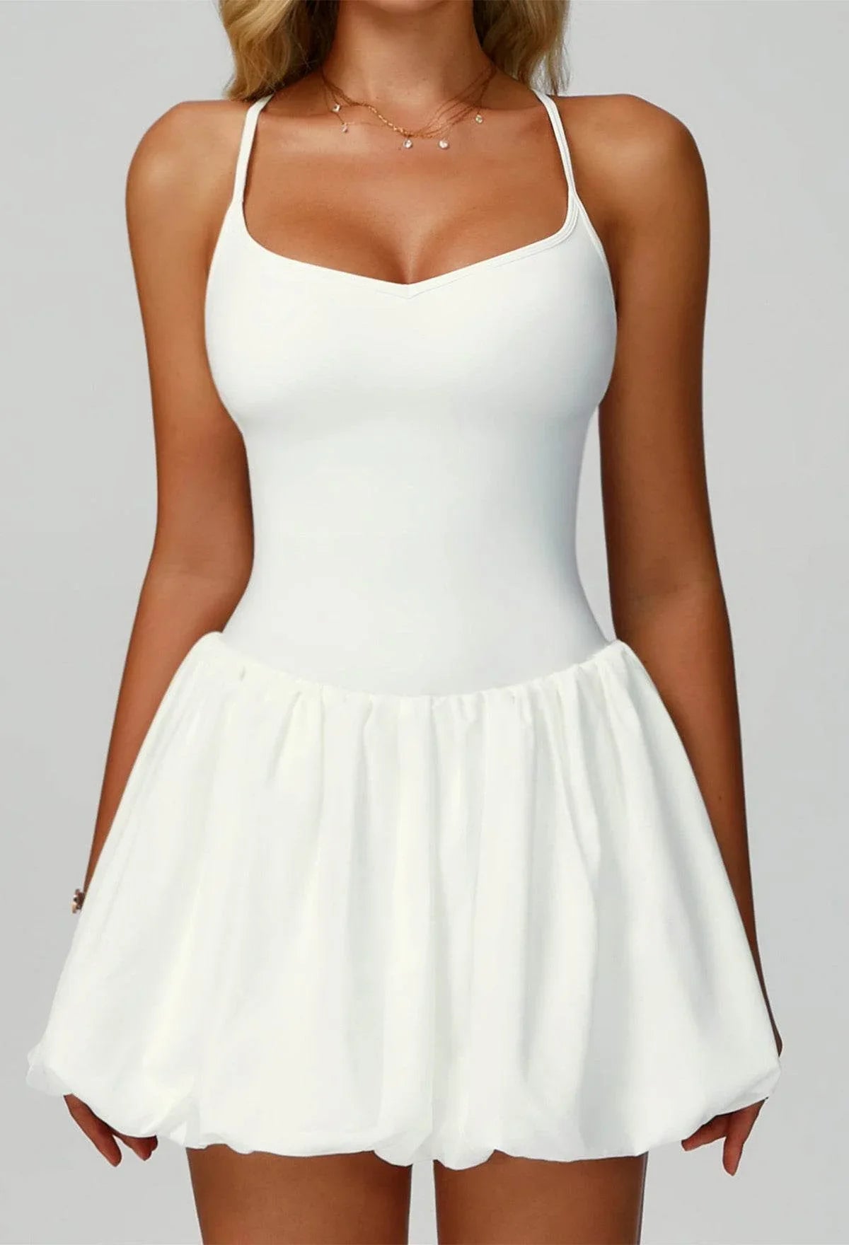 Cross Back Tennis Dresses with Short and Pocket - White