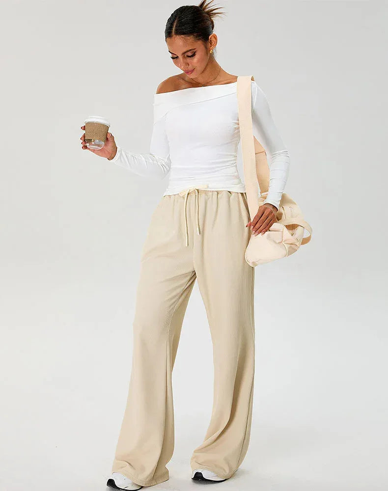 Activewear Set with Asymmetrical Shoulder Top and Sweatpant - White