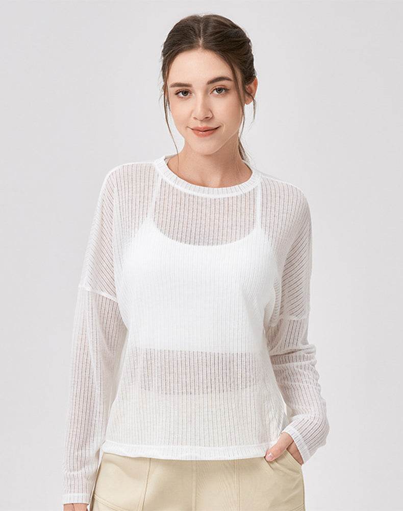 Sheer Long Sleeve Mesh Top Crewneck Loose See Through Blouse