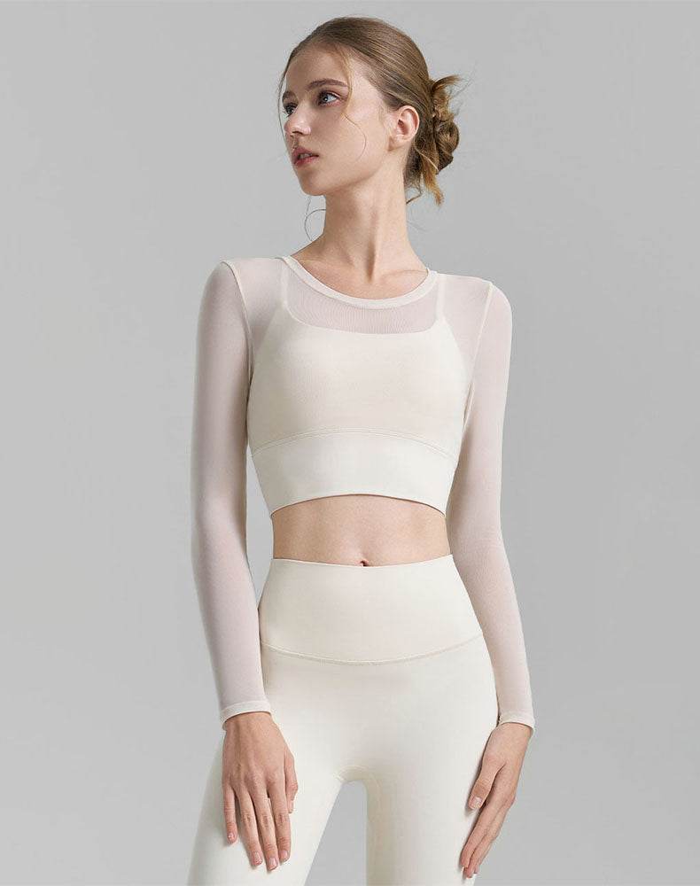 Mesh Long Sleeve Crop Tops V-shaped Cutout Back Yoga T-Shirt