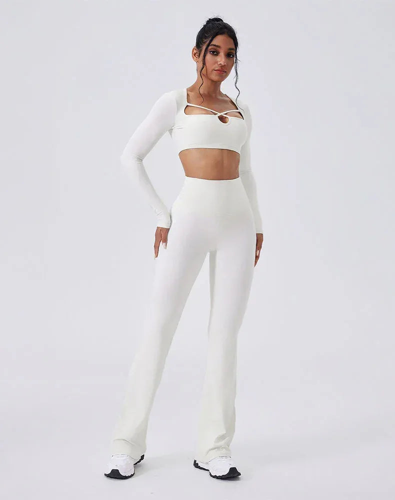 Activewear Set with crisscross thin strap Top and Flare Pant - White