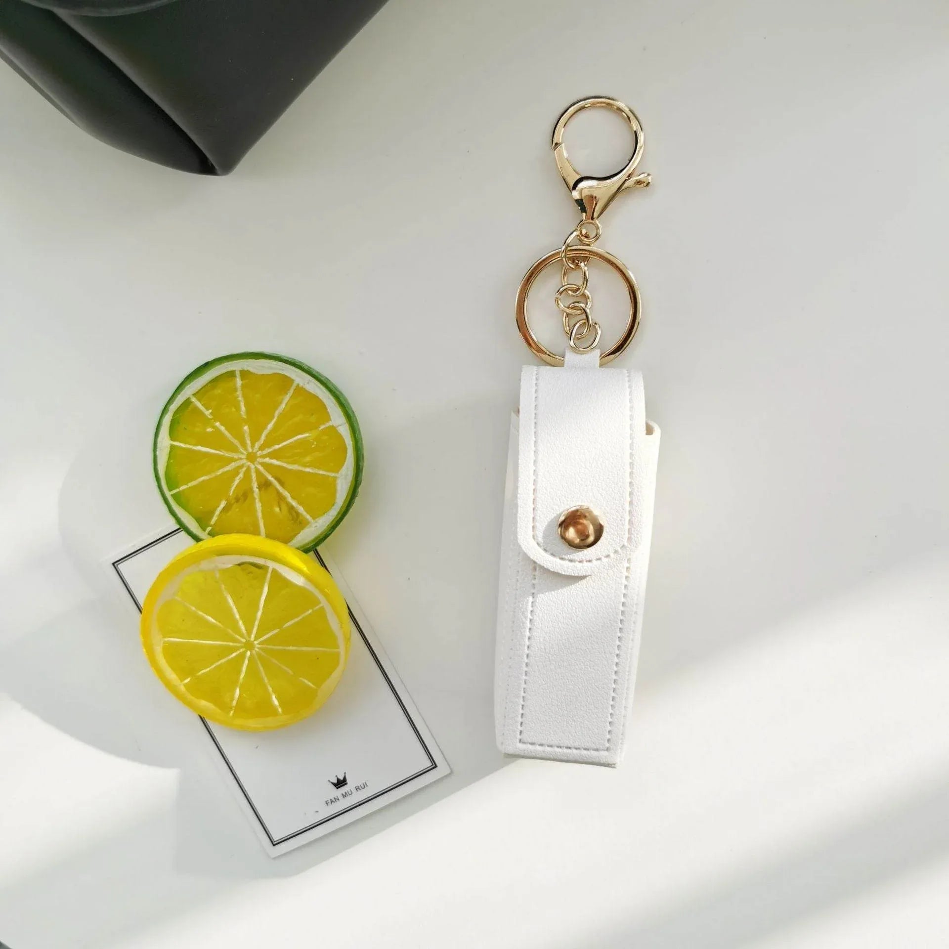 PU Leather Lipstick Holder Keychain with Clip - White