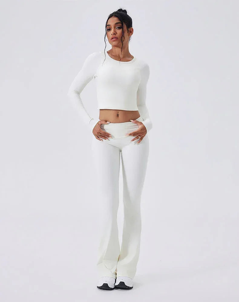 Activewear Set with Backless Top and Low-Waisted Flare Pant - White