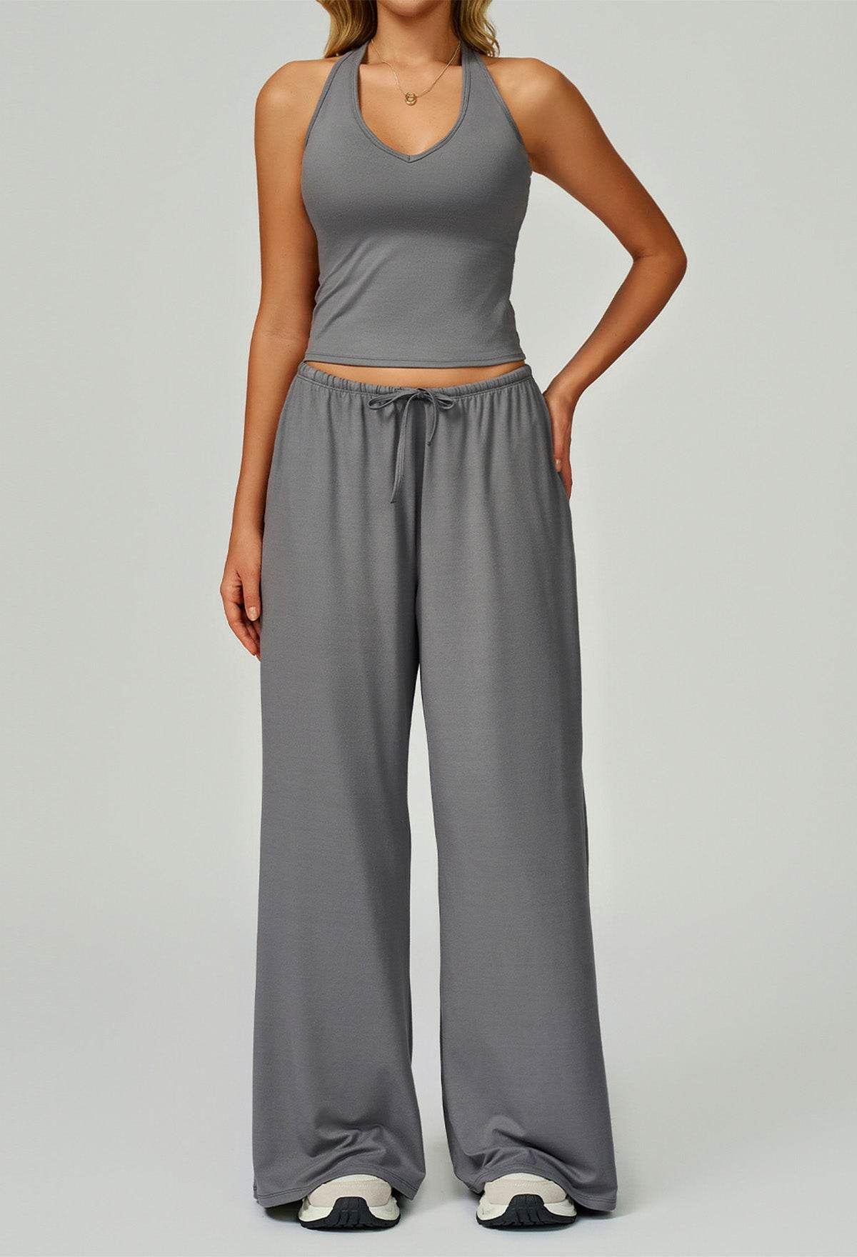 Activewear Wear with Tank Top and Wide Leg Lounge Pants - Smoky Gray