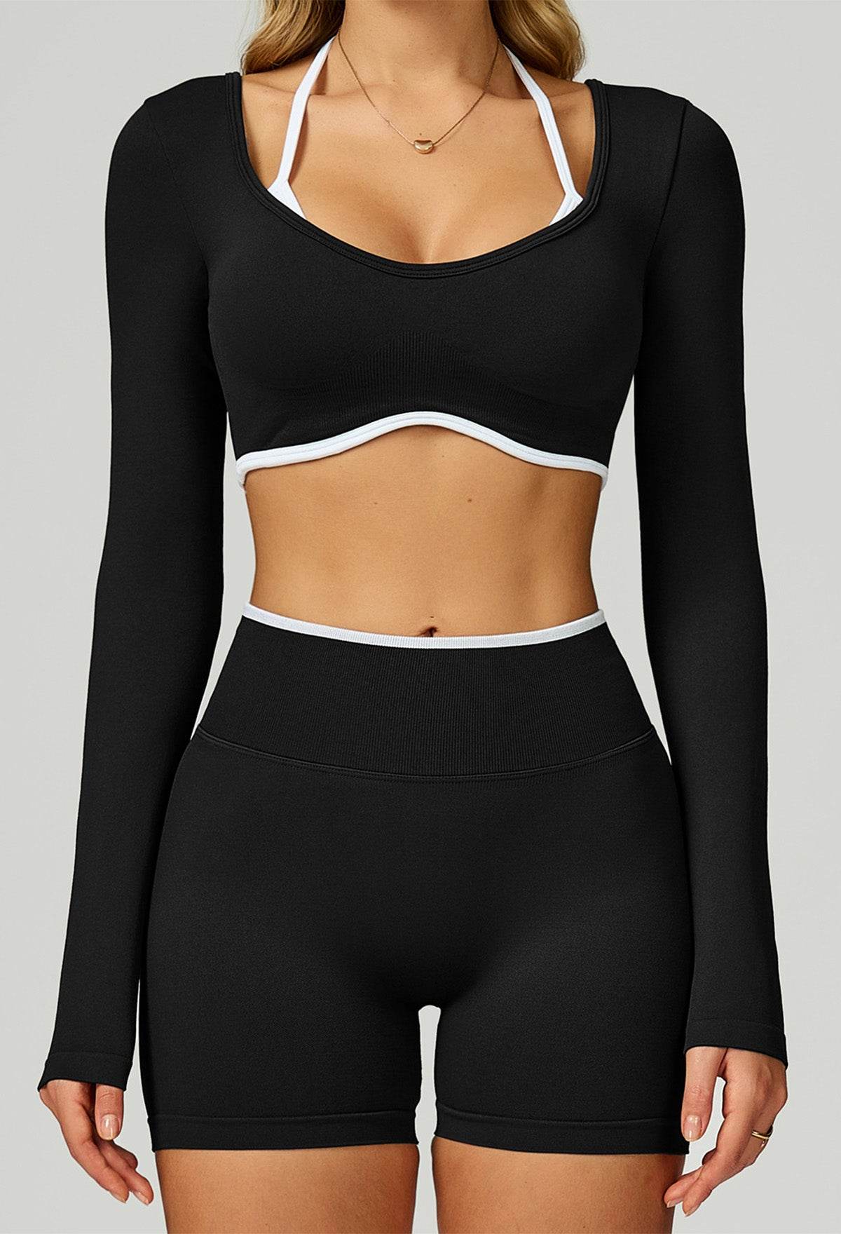 Sport Set with Color Block Long Sleeve T-Shirt and Short - White Black
