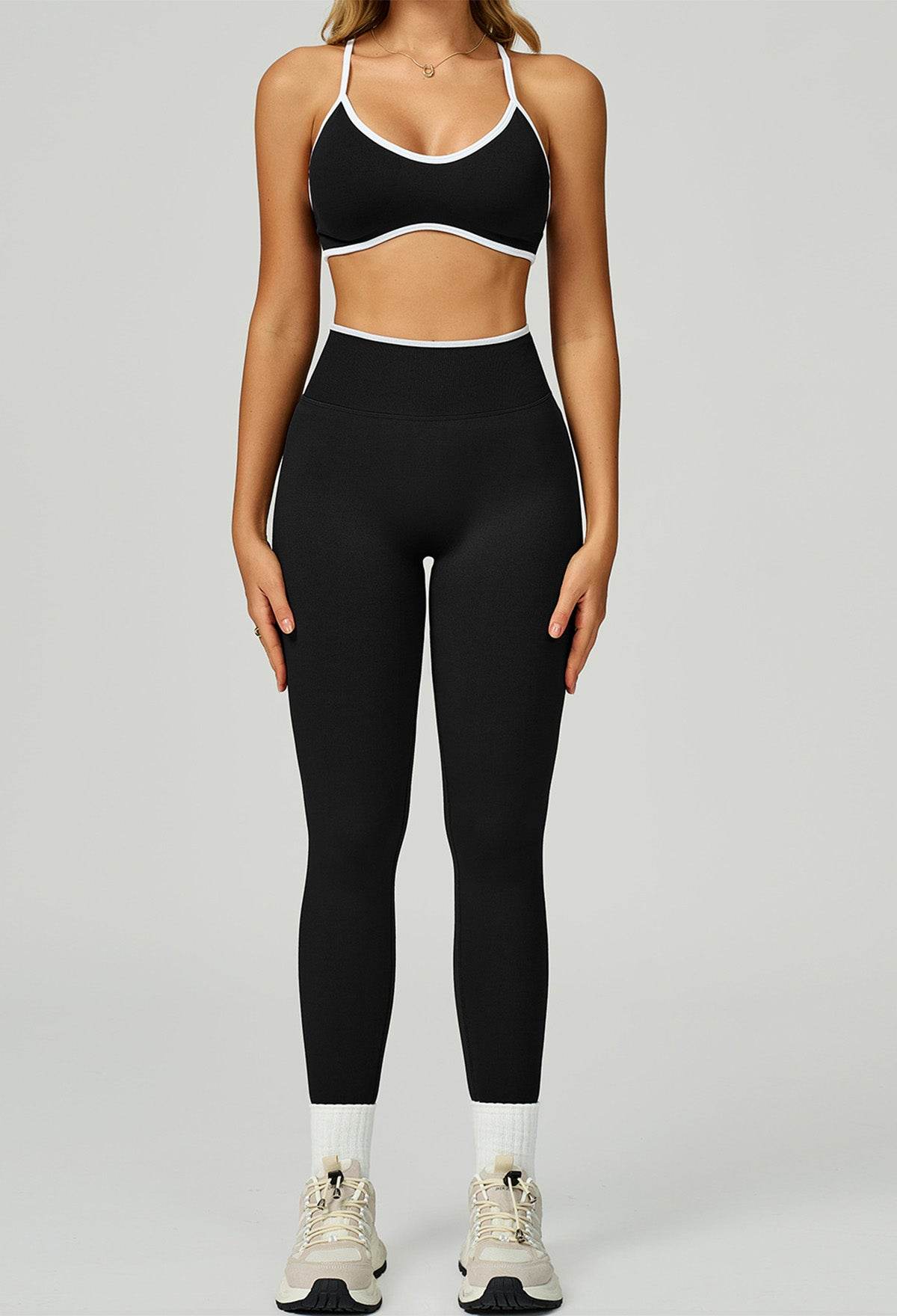 Sport Set with Color Block Sports Bras and Legging - White Black