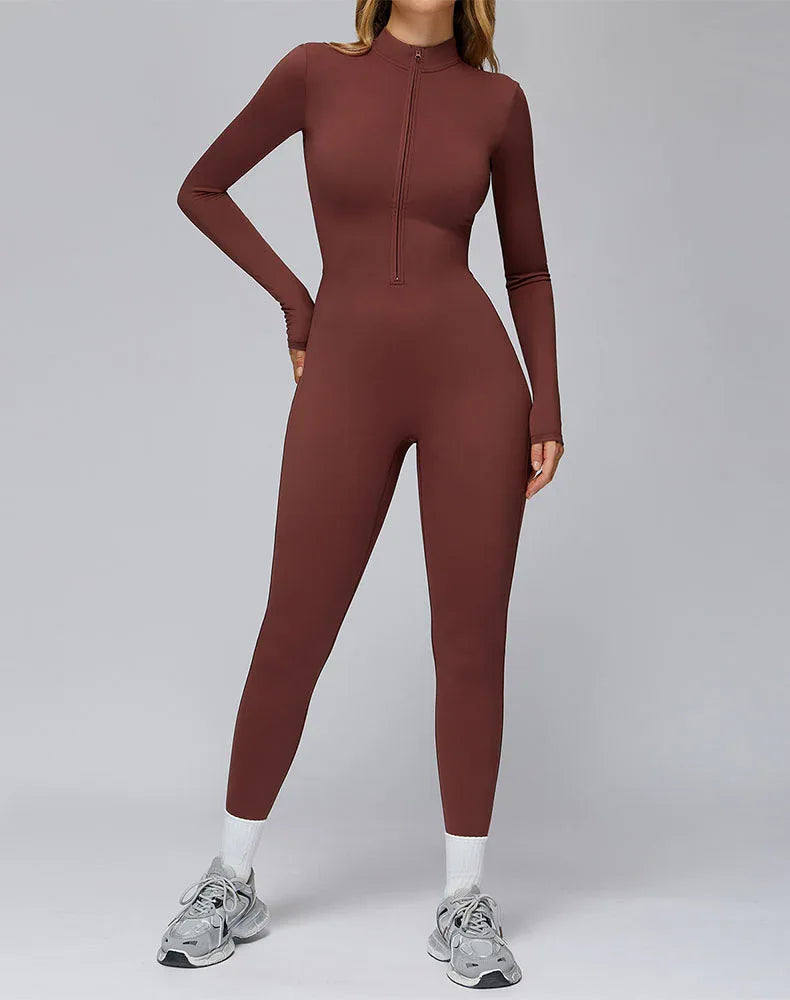 Long Sleeve Yoga Jumpsuit Zip Up Bodysuit with Chest Pads - Brick Red