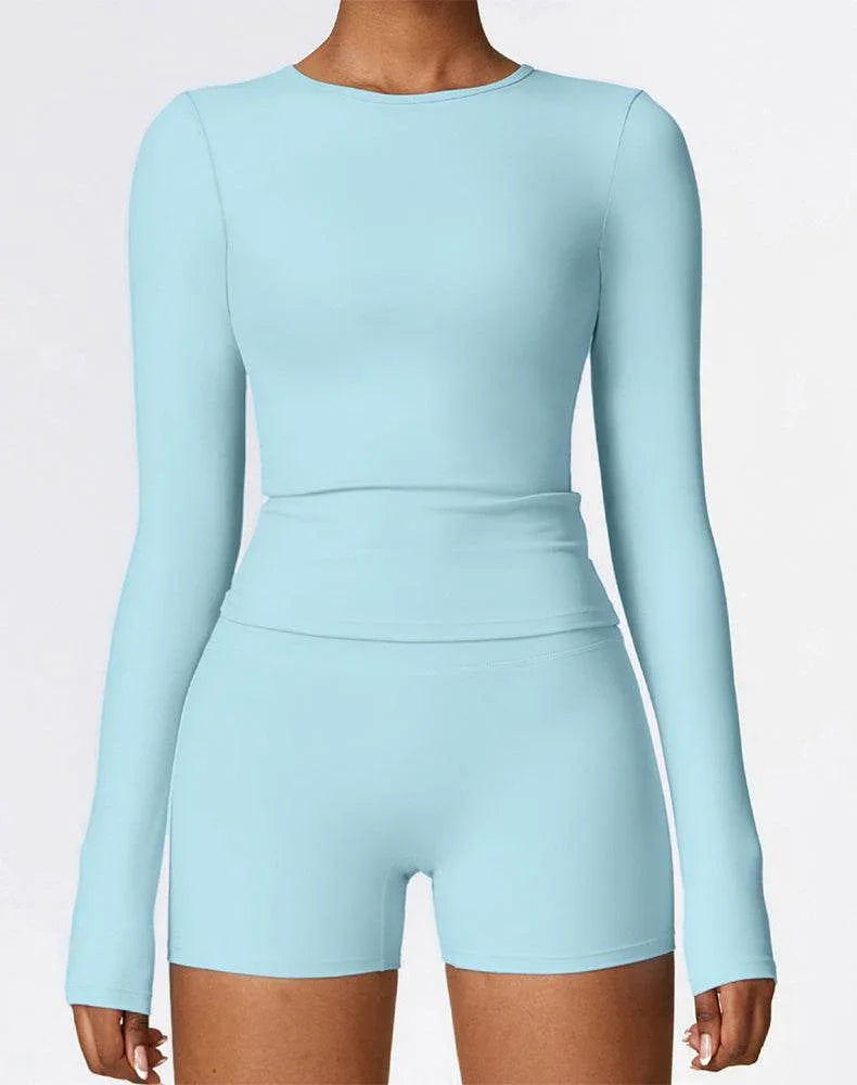Crewneck Long Sleeve Shirt Basic Tees Slim Fit Crop Tops - Sky Blue