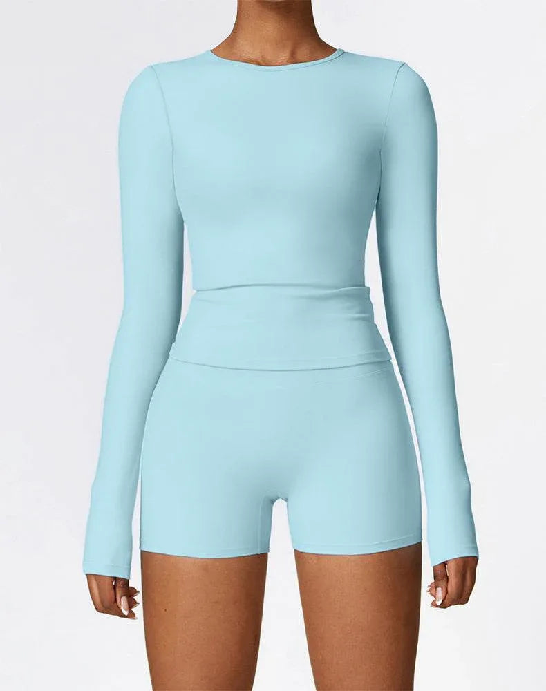 Athletic Wear with Long Sleeve Slim Fit T-Shirt and Short - Sky Blue
