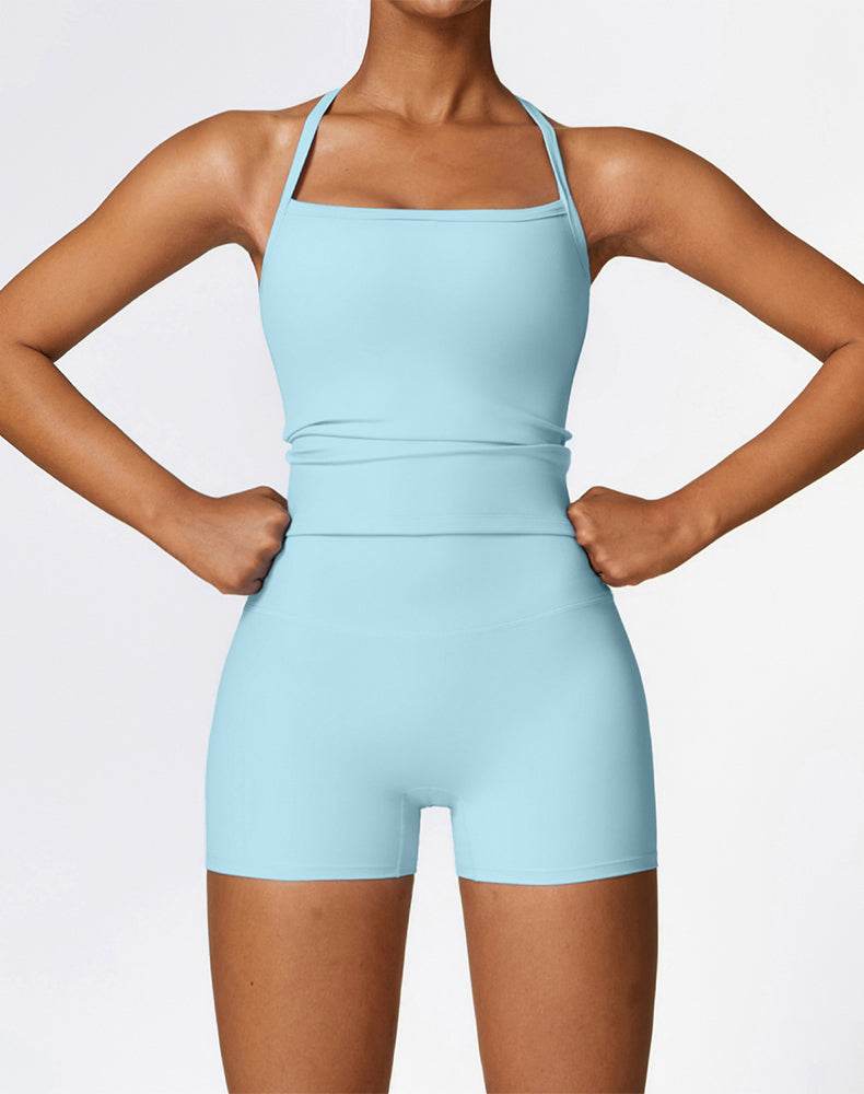 Athletic Wear with Criss Cross Back Tank Top and Short - Sky Blue