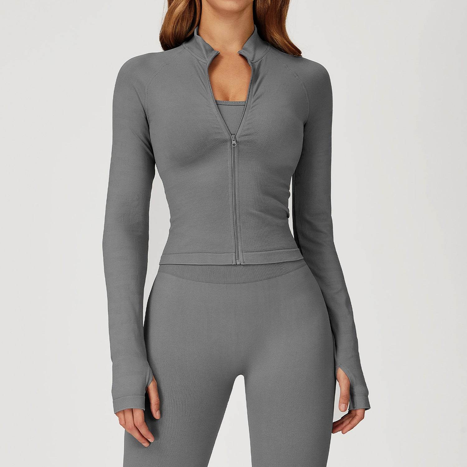 Zip Up Slim Athletic Jacket Yoga Crop Top with Thumb Hole - Gray