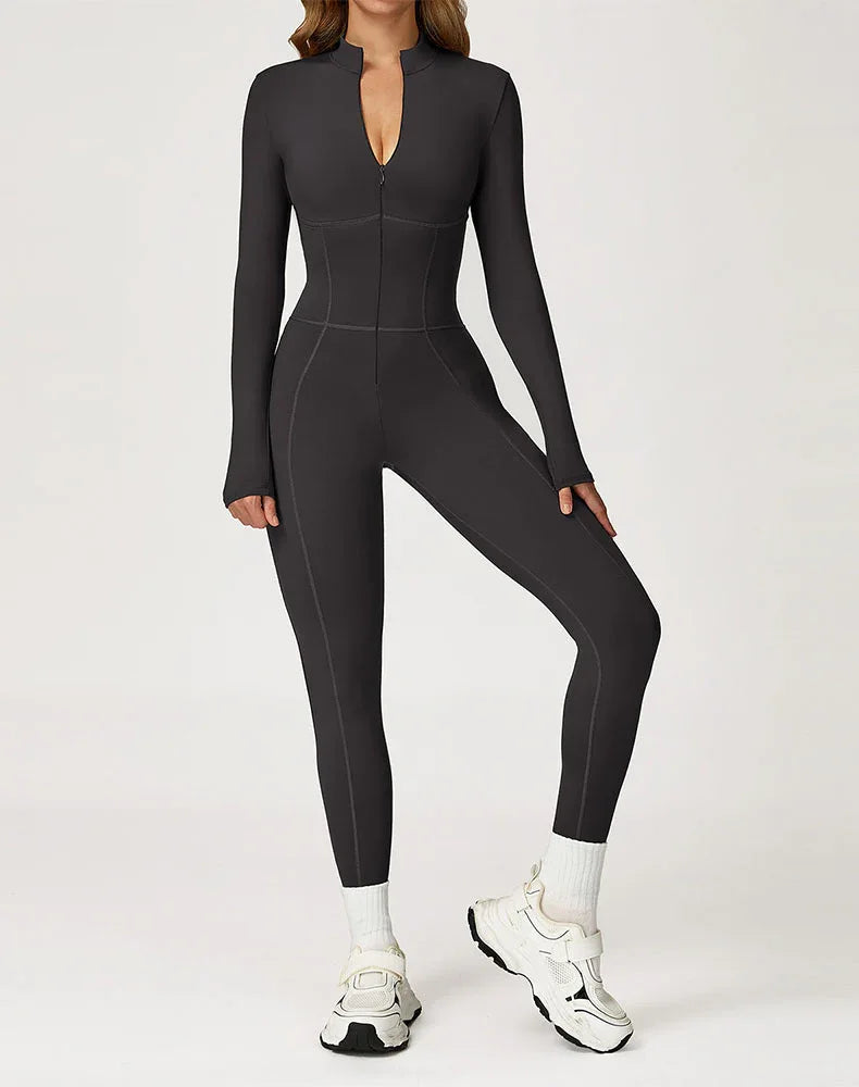 Contour Seams Workout Jumpsuit Zip Up One Piece Bodysuit - Gray
