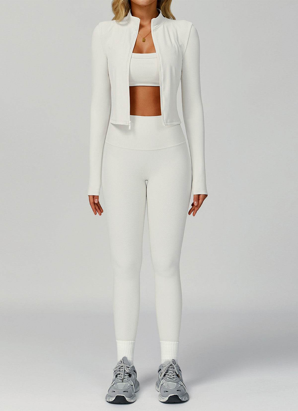 3 Pieces Ribbed Activewear Set with Bra, Jacket and Legging