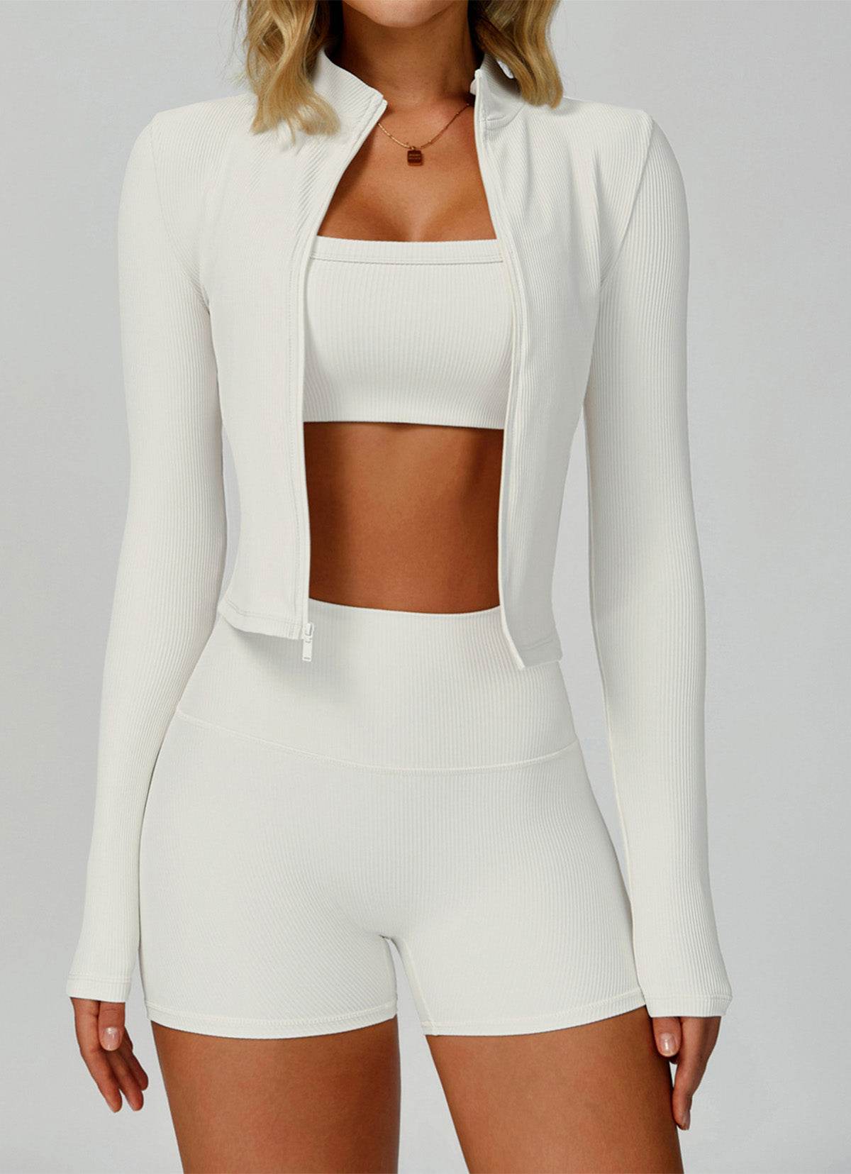 3 Pieces Ribbed Activewear Set with Bra, Jacket and Short