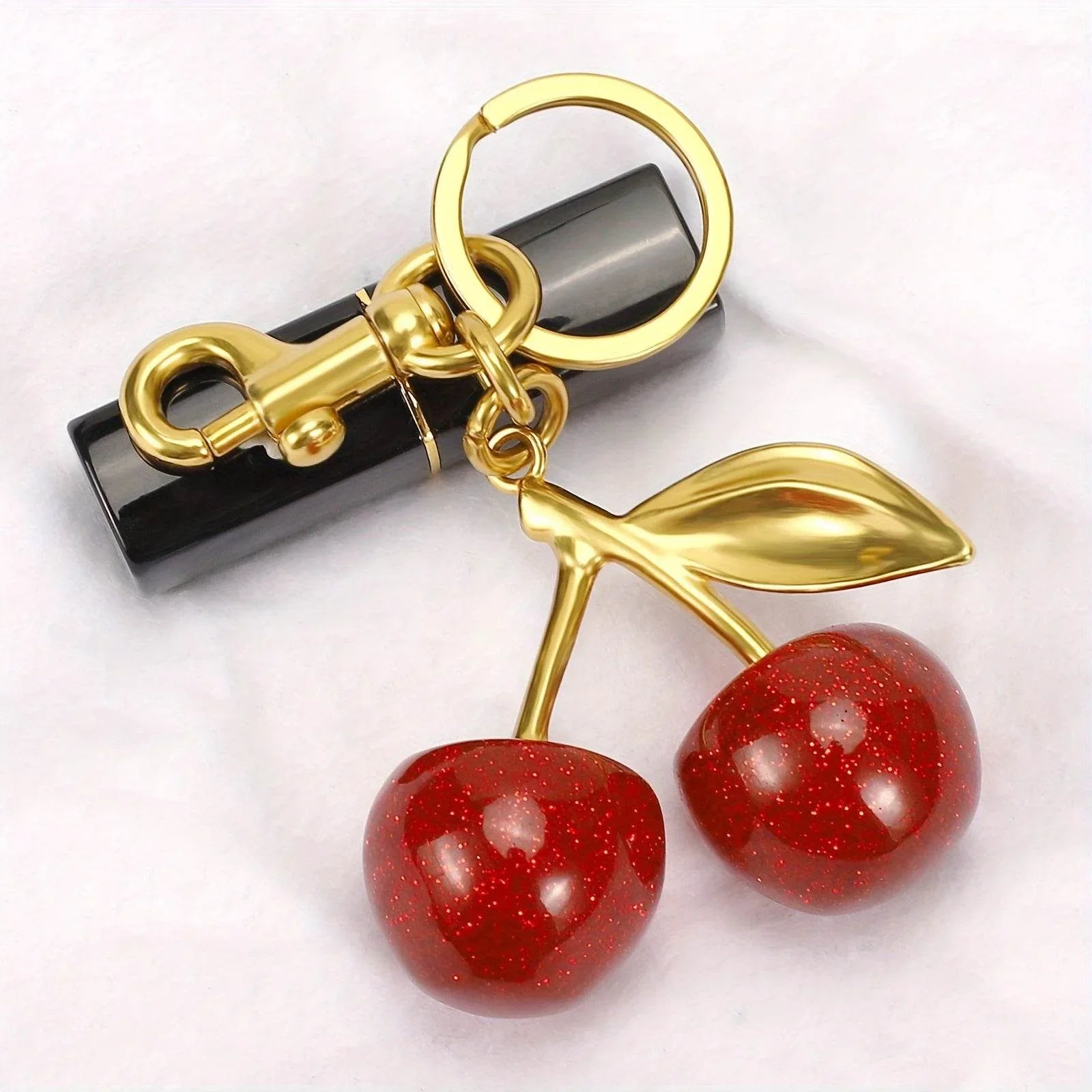 Glitter Metal Cherry Charm Keychain -