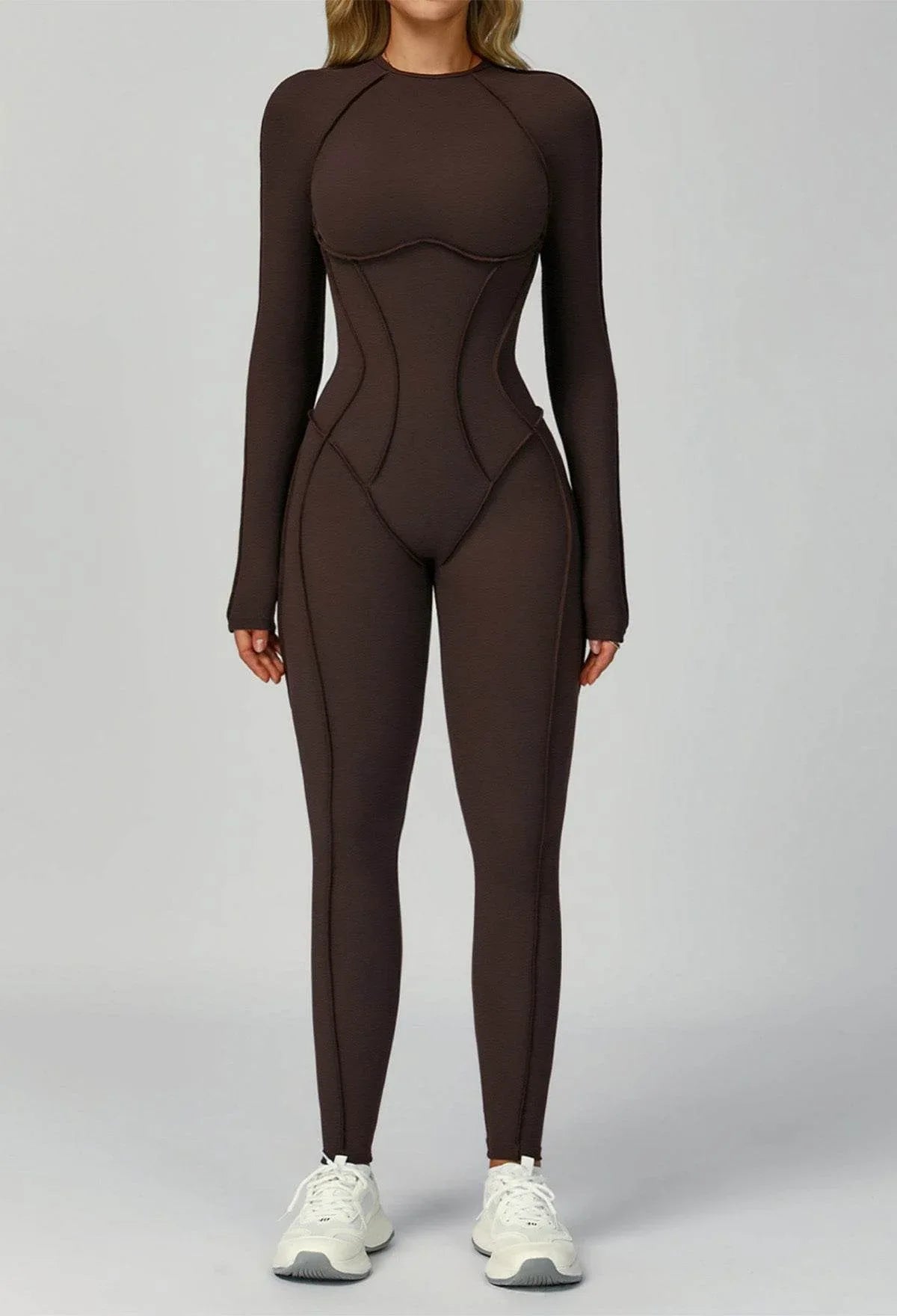 Long Sleeve Backless Yoga One Piece Jumpsuits - Dark Brown